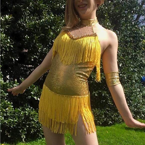 Golden Yellow Leotard with Rhinestones and Fringe - Picture 4 of 4